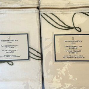 WILLIAMS SONOMA HOME EMBROIDERED LEAF BEDDING NWT SHAM AND PILLOWCASES RARE